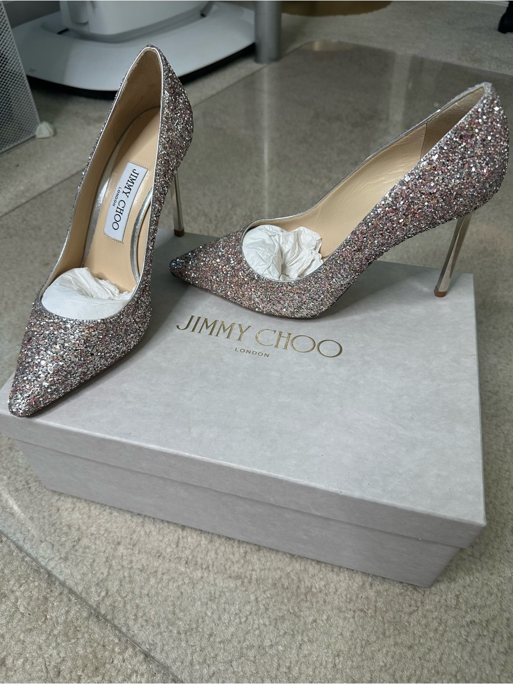 JIMMY CHOO LONDON ROMY VIOLA MIX SPECKLED GLITTER 100 SZ 37